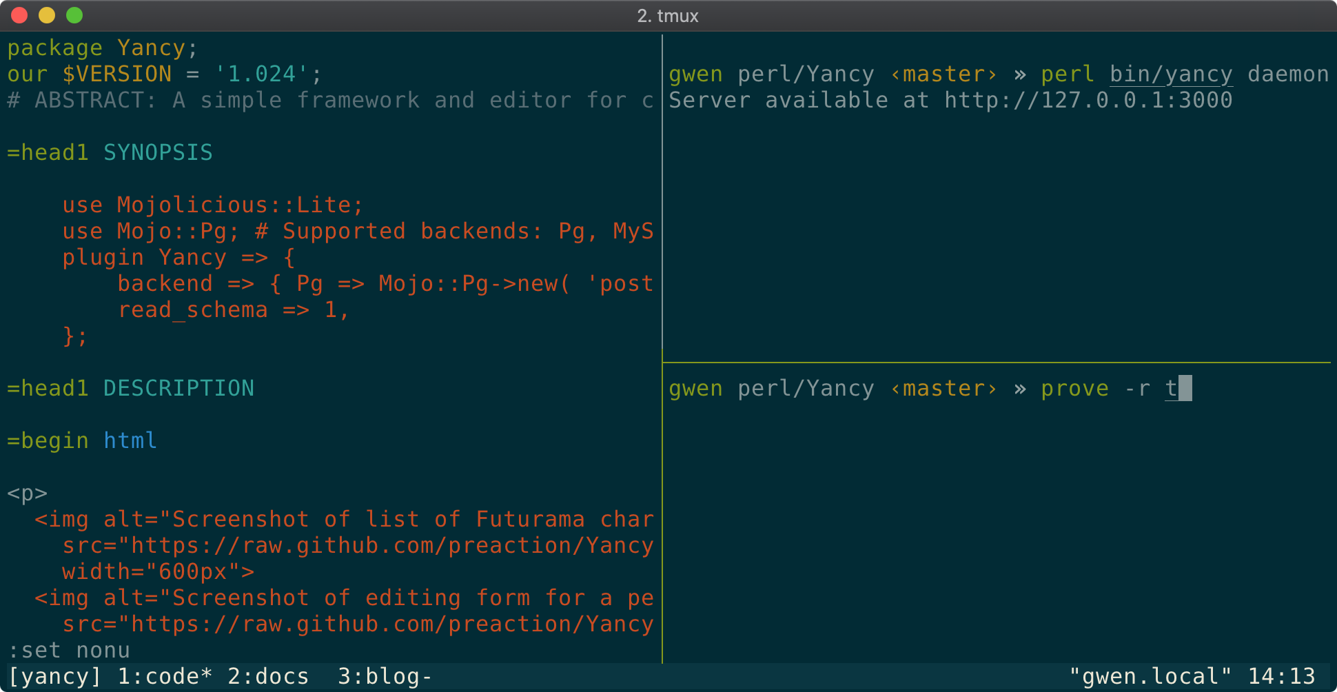 A Tmux window showing three panes with Vim and other commands running