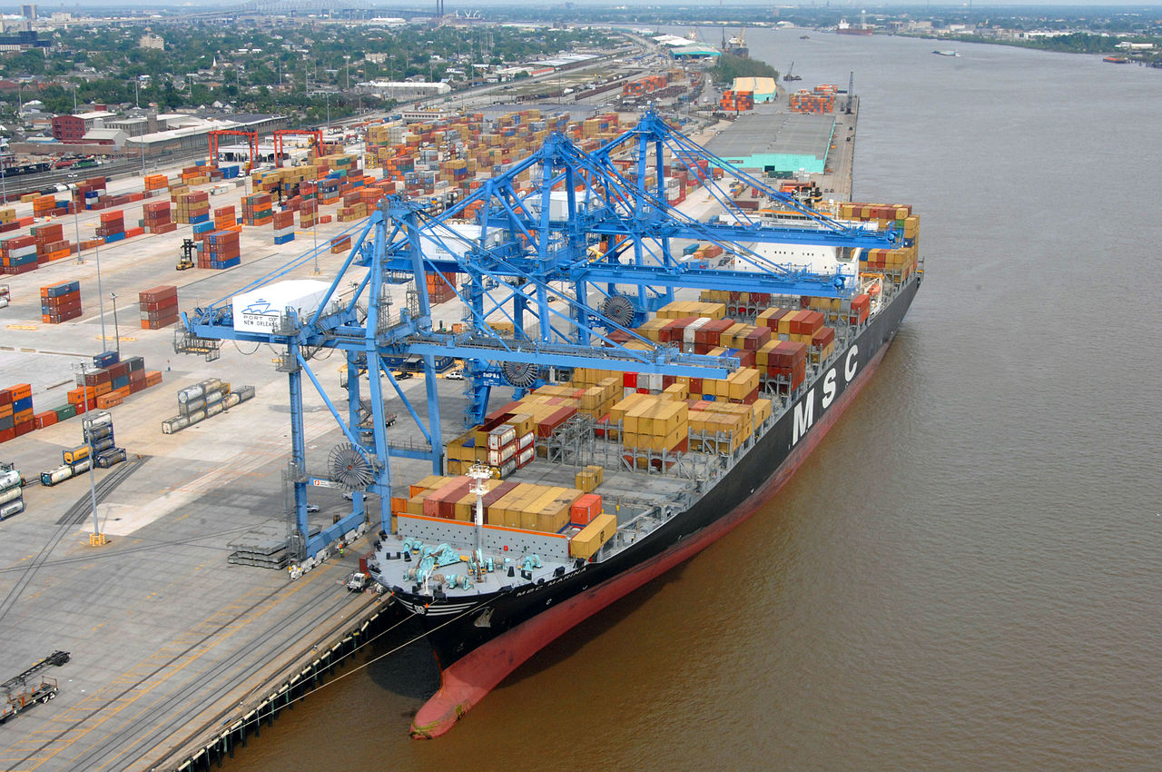 Container ship loading at the dock