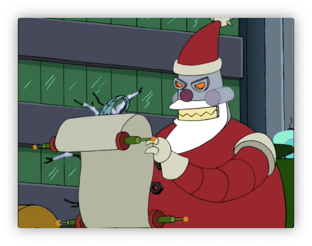 Santa Robot (from Futurama) writing on his list with a quill
pen