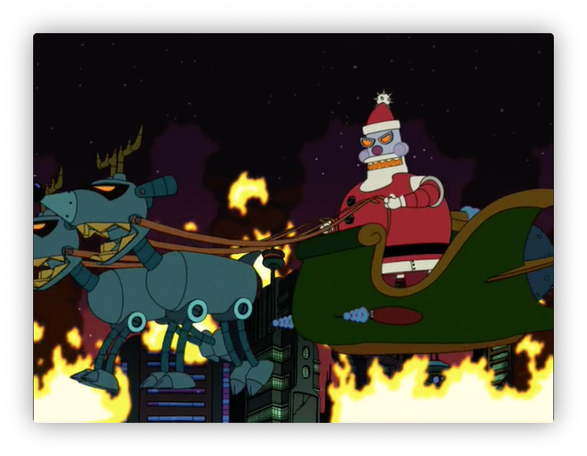 Santa Robot in his sleigh with burning buildings in the foreground and
background