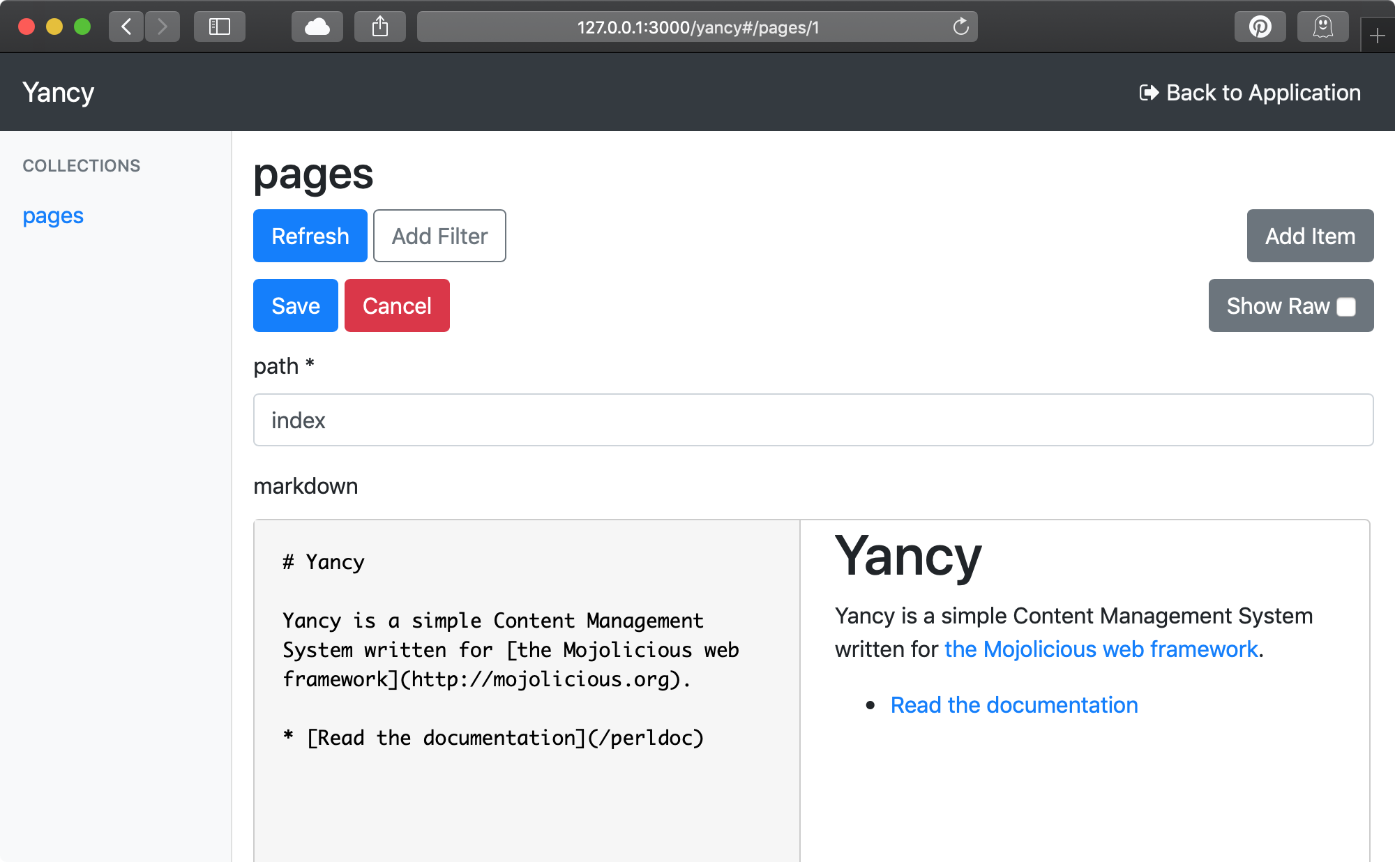 Screenshot showing the Yancy editor adding an "index"
page