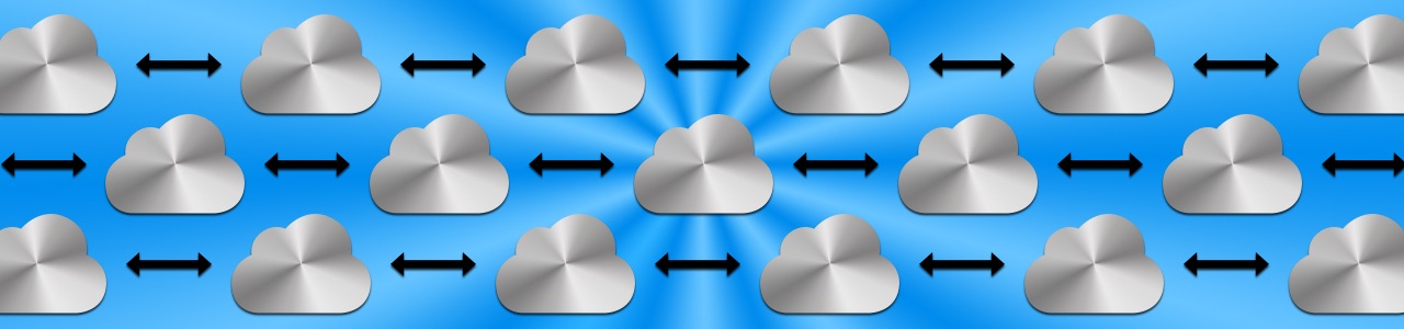 Clouds with arrows pointing back and forth on a blue background