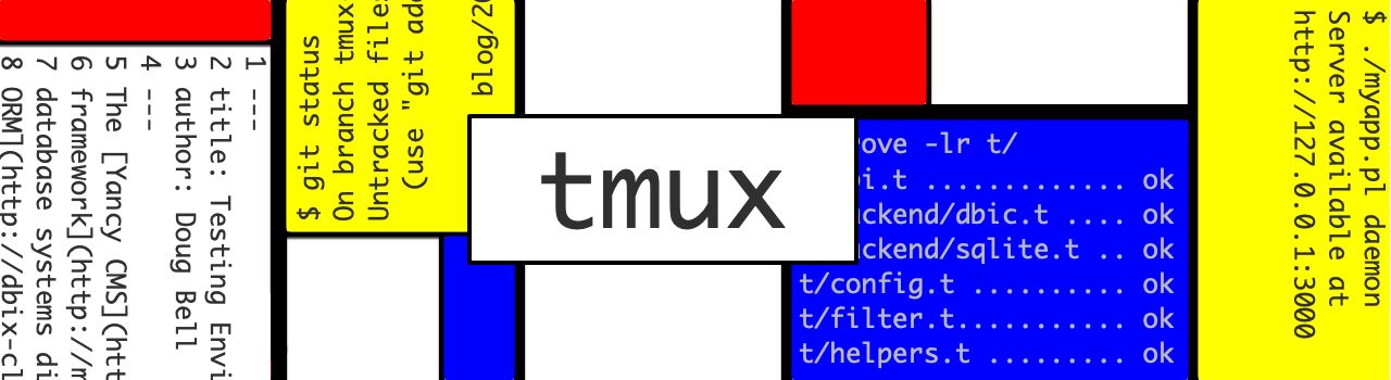 Text saying "Tmux" in the middle of white, red, yellow, and blue boxes containing shell output separated by thick black lines. Original artwork by Doug Bell